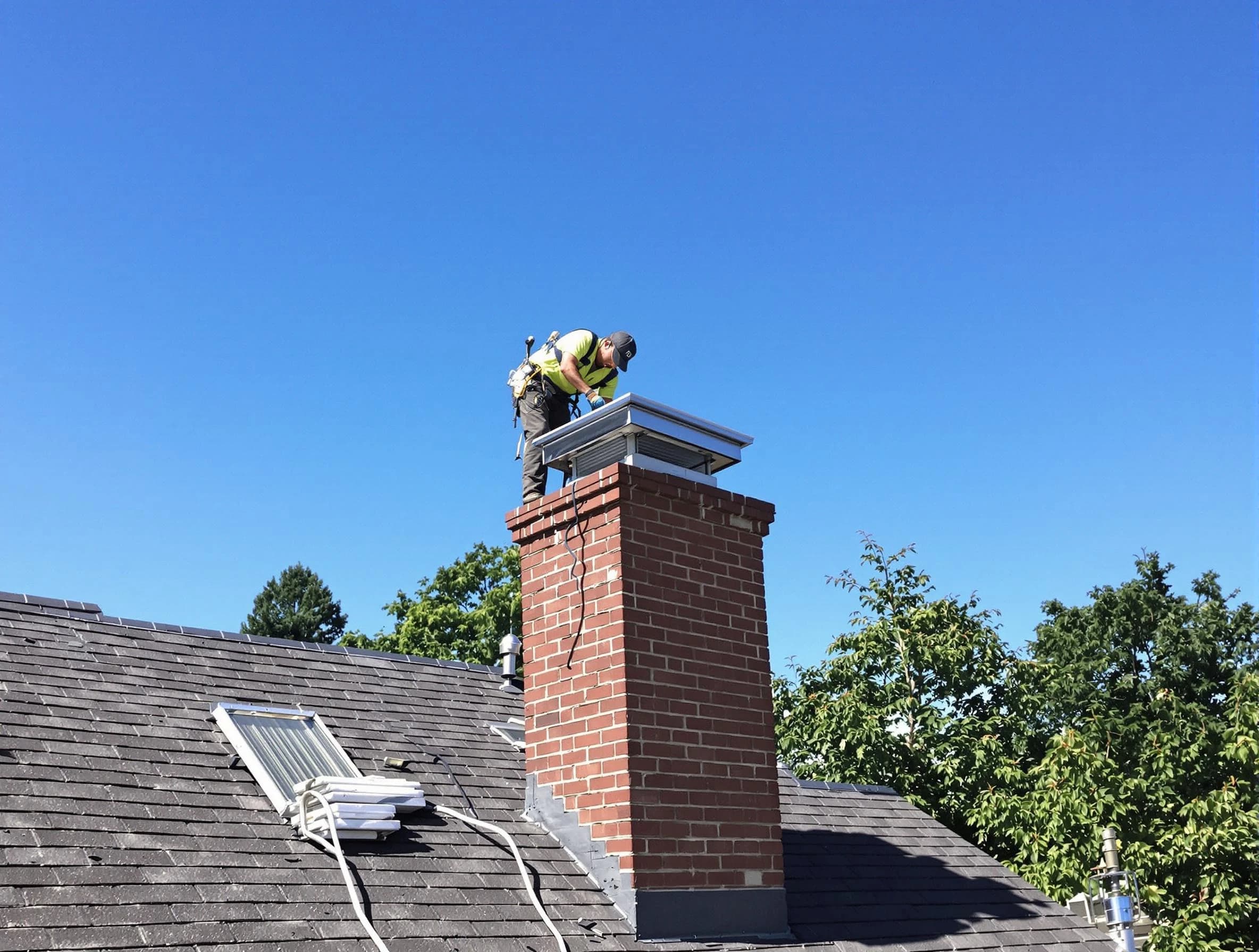 Edison Chimney Sweep technician measuring a chimney cap in Edison, NJ